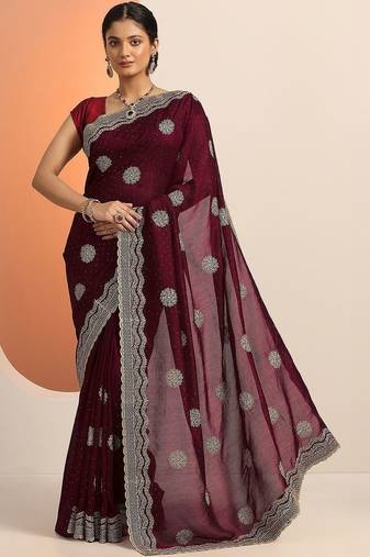 maroon embellished saree with unstitched blouse piece