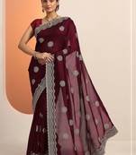 maroon embellished saree with unstitched blouse piece
