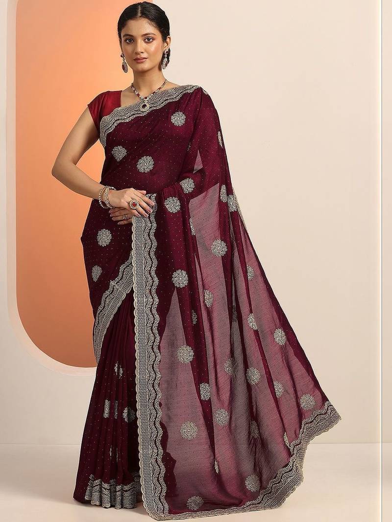 maroon embellished saree with unstitched blouse piece