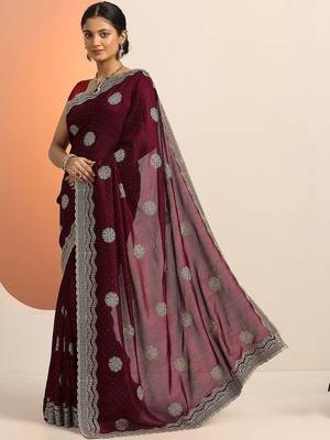maroon embellished saree with unstitched blouse piece 2