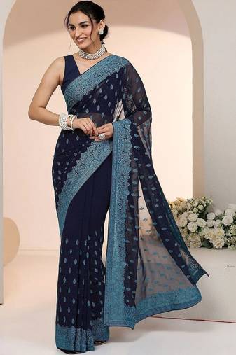 navy blue embroidered georgette saree with ethnic motifs