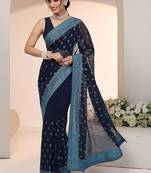 navy blue embroidered georgette saree with ethnic motifs