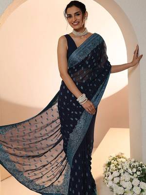navy blue embroidered georgette saree with ethnic motifs 3