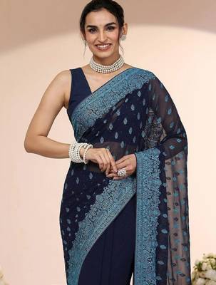 navy blue embroidered georgette saree with ethnic motifs 5