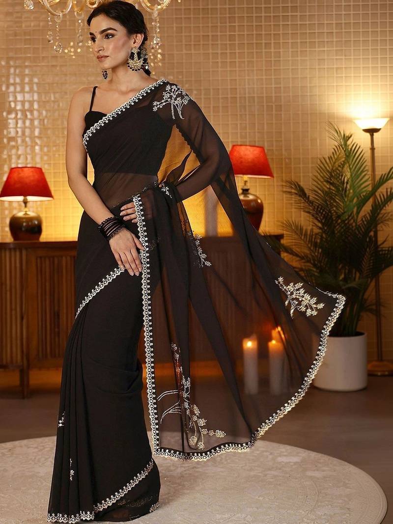 black floral embellished georgette saree