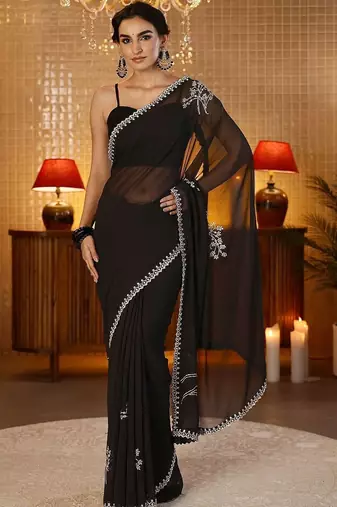 black floral embellished georgette saree