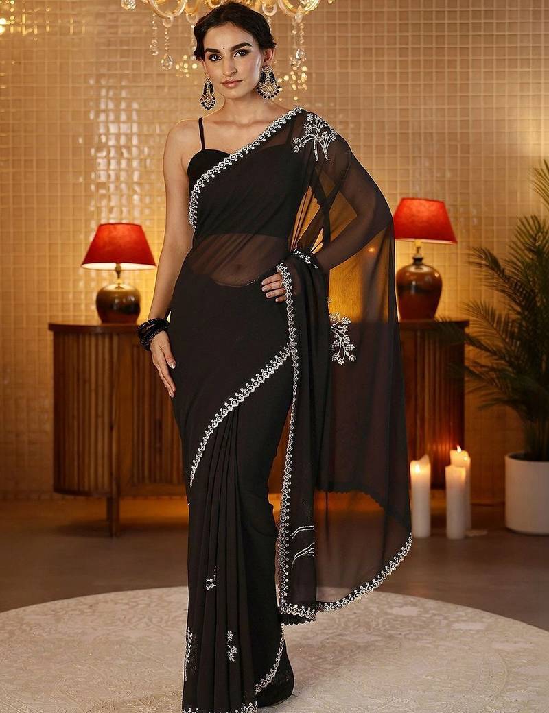 black floral embellished georgette saree