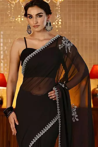black floral embellished georgette saree