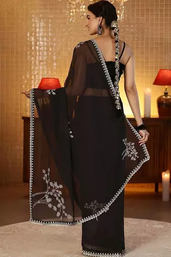 black floral embellished georgette saree