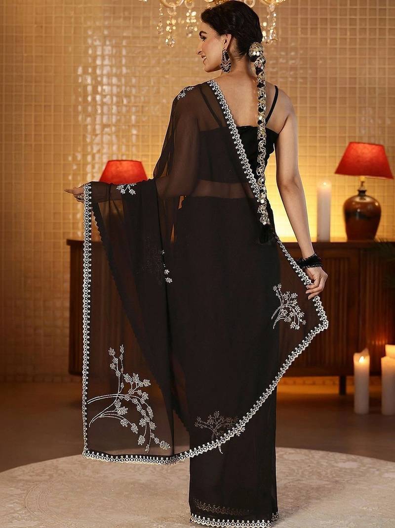 black floral embellished georgette saree