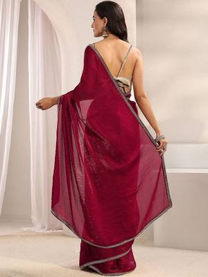 maroon embellished border satin saree with unstitched blouse piece and waistbelt 2