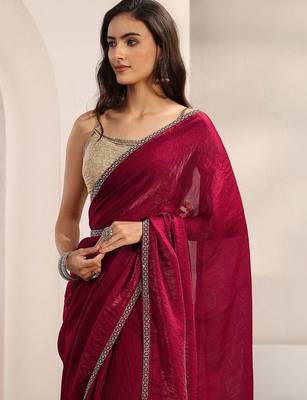 maroon embellished border satin saree with unstitched blouse piece and waistbelt 3