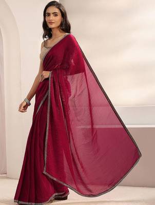 maroon embellished border satin saree with unstitched blouse piece and waistbelt 4