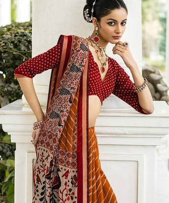Mustard mustard leheriya printed cotton blend saree with unstitched blouse piece 2