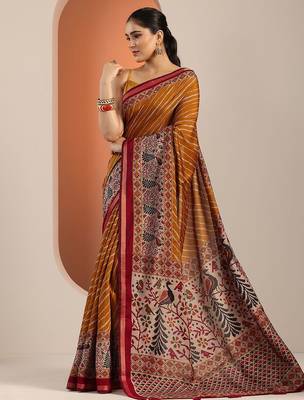 Mustard mustard leheriya printed cotton blend saree with unstitched blouse piece 3