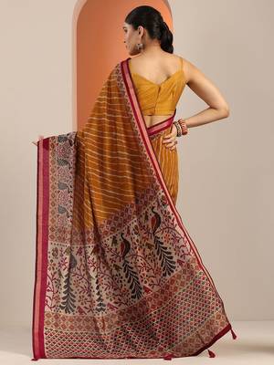 Mustard mustard leheriya printed cotton blend saree with unstitched blouse piece 4