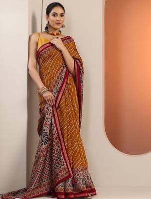 Mustard mustard leheriya printed cotton blend saree with unstitched blouse piece 5