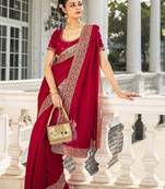 red embellished saree with unstitched blouse piece