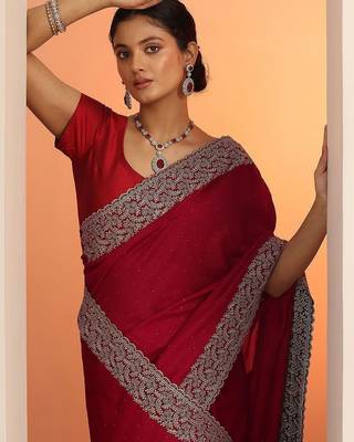 red embellished saree with unstitched blouse piece 3