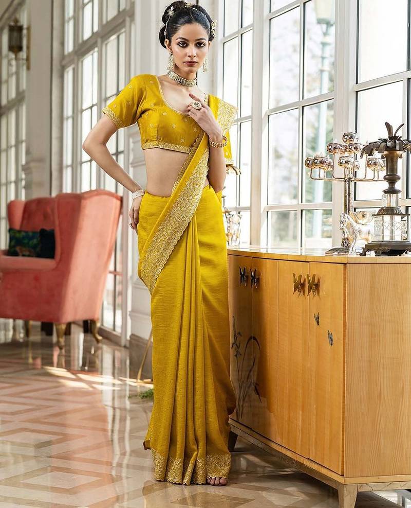 mustard embellished saree with unstitched blouse piece