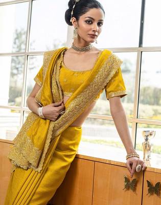 mustard embellished saree with unstitched blouse piece 2