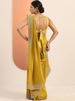 mustard embellished saree with unstitched blouse piece 5