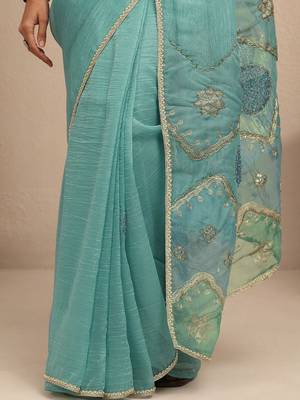 teal ethnic motif beads embellished saree with embellished border and a blouse piece 3