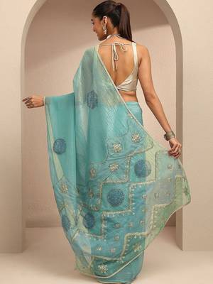 teal ethnic motif beads embellished saree with embellished border and a blouse piece 5