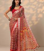Red red printed banarasi georgette saree with unstitched blouse piece