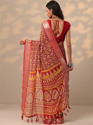 Red red printed banarasi georgette saree with unstitched blouse piece 3