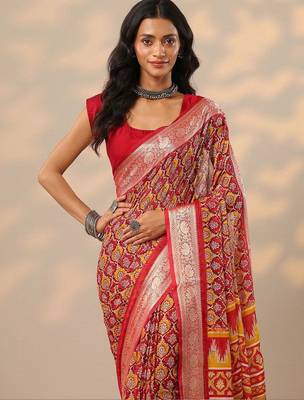 Red red printed banarasi georgette saree with unstitched blouse piece 4