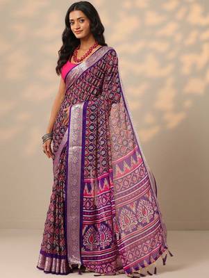 purple printed georgette saree with unstitched blouse piece 1