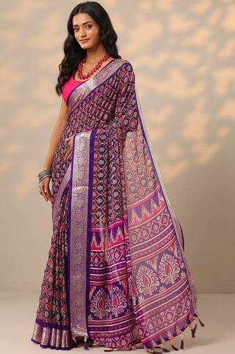 purple printed georgette saree with unstitched blouse piece