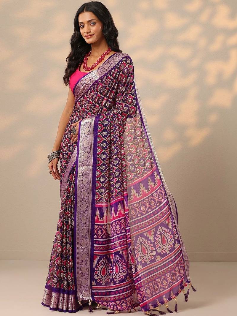 purple printed georgette saree with unstitched blouse piece