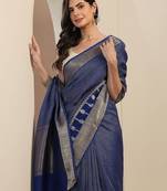 blue embellished saree with unstitched blouse piece