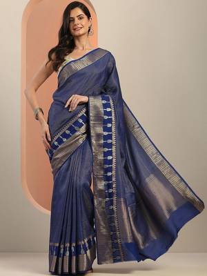 blue embellished saree with unstitched blouse piece 2