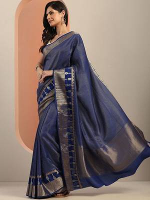 blue embellished saree with unstitched blouse piece 3