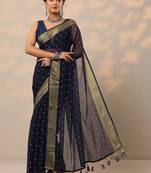 navy blue printed chiffon saree with unstitched blouse piece
