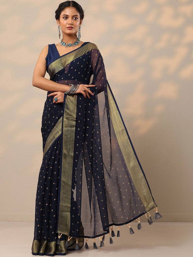 navy blue printed chiffon saree with unstitched blouse piece