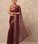 maroon printed chiffon saree with unstitched blouse piece