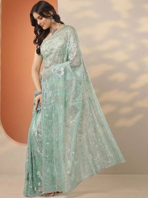 sea green embroidered nylon saree with unstitched blouse piece 2
