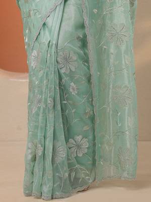 sea green embroidered nylon saree with unstitched blouse piece 3