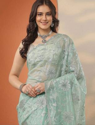 sea green embroidered nylon saree with unstitched blouse piece 5