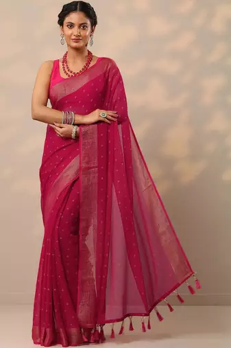 pink printed chiffon saree with unstitched blouse piece