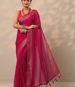 pink printed chiffon saree with unstitched blouse piece