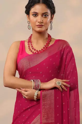 pink printed chiffon saree with unstitched blouse piece
