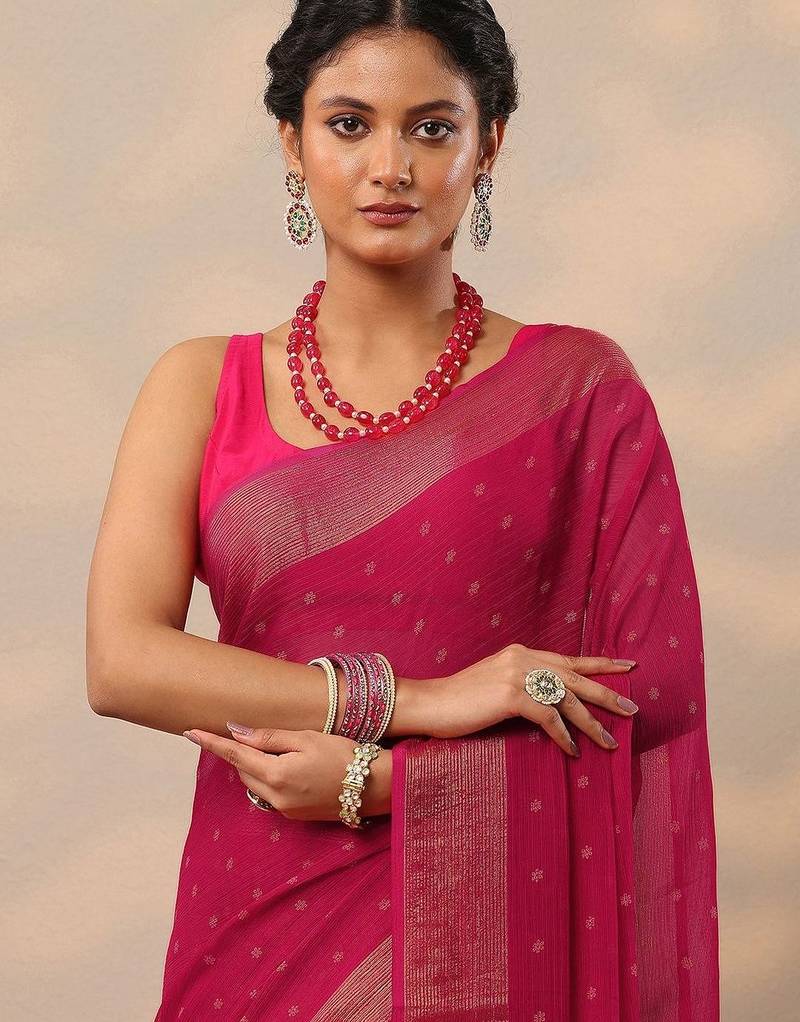 pink printed chiffon saree with unstitched blouse piece