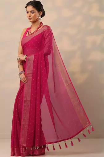 pink printed chiffon saree with unstitched blouse piece