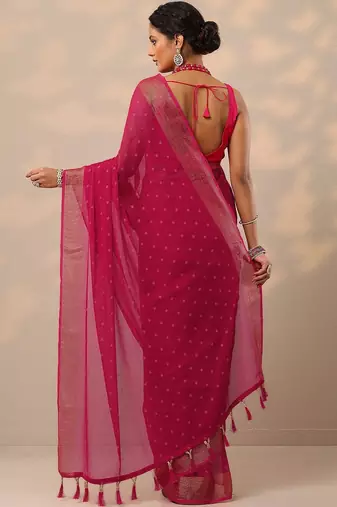 pink printed chiffon saree with unstitched blouse piece