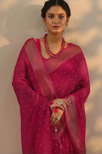 pink printed chiffon saree with unstitched blouse piece